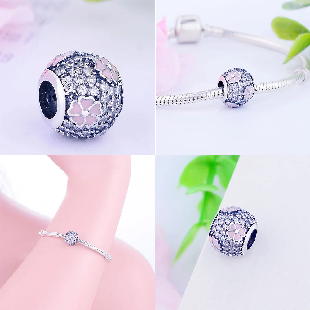 

DIY jewelry 2021 Silver 925 Pink Cherry Blossom Crystal Chest Pendant Charms beads for Women Original Sterling Bracelets&Bangle