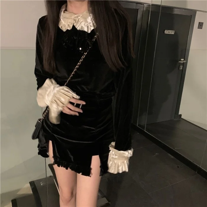 Черная кружевная юбка с кукольным воротником и разрезом | Женская одежда