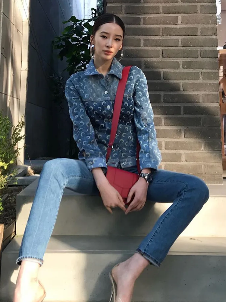 

2021 Women Fall New Blue Moon Print Denim Coat Fashion Female Loose Outerwears Autumn Ladies Brand jean jacket