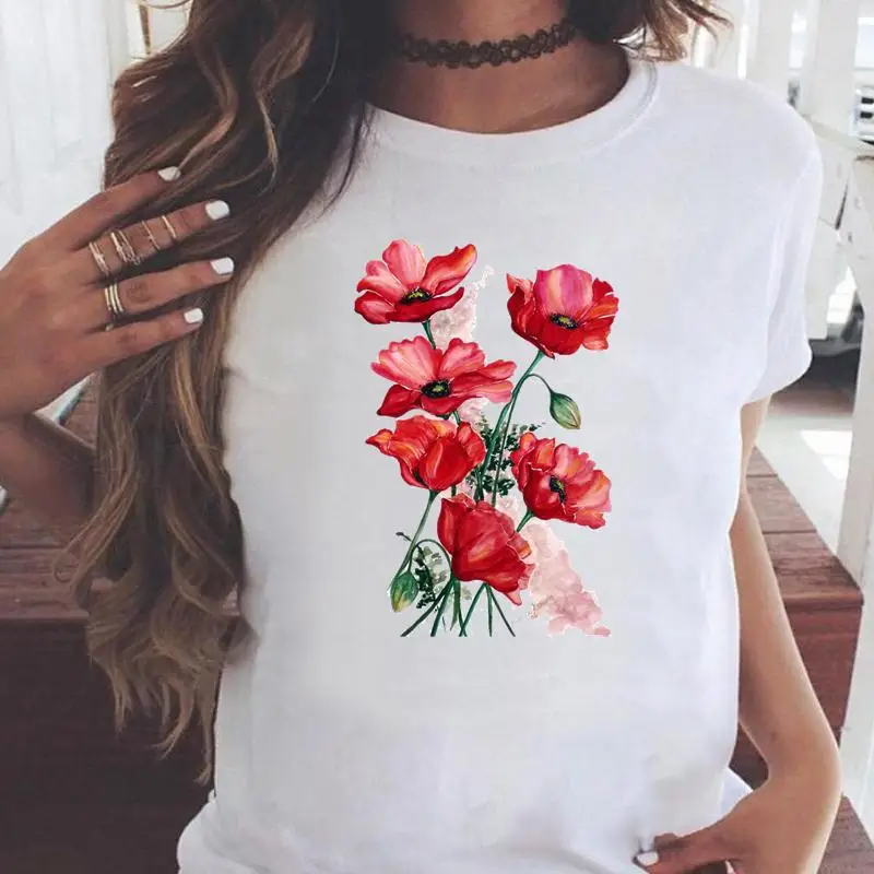 

Women T-shirts 90s Cat Flower Pet Watercolor Short Sleeve Graphic Print Female Fashion Cartoon Summer T Top Shirt Tee T-Shirt