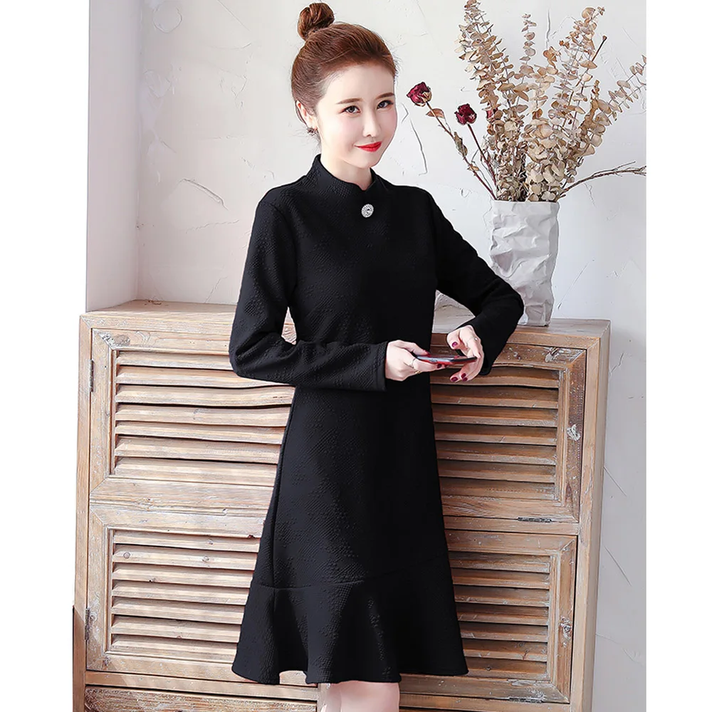 Винтажное платье Ципао китайское Новогоднее 2020 с длинным рукавом зимнее