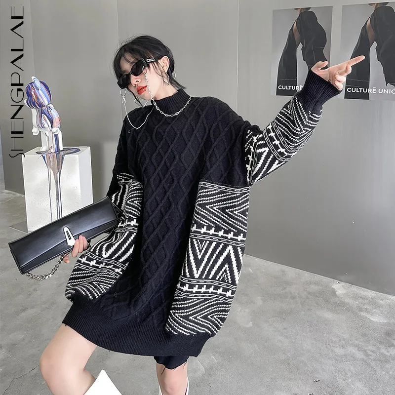 

SEHNGPALAE модный жаккардовый вплетающийся черный вязаный пуловер для женщин осень 2021 Новый Orund шеи свободный свитер с длинным рукавом женский