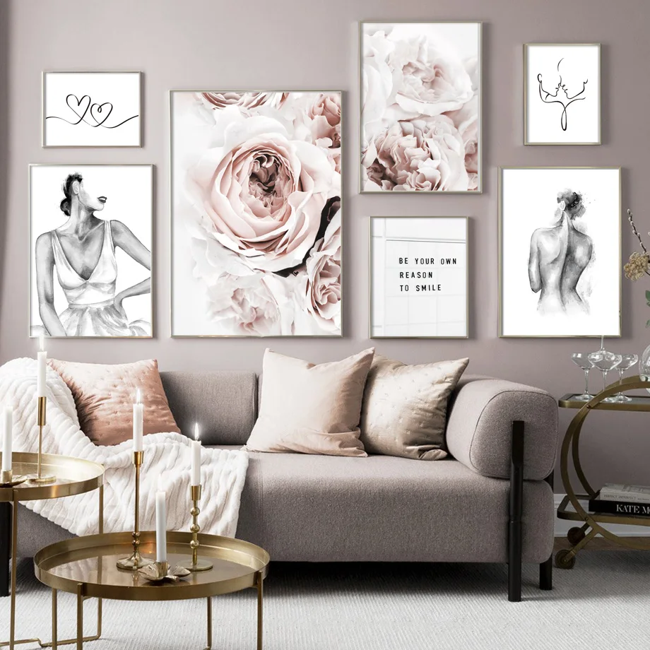 

Almost kiss Pink Rose Peony Flower Sexy Woman Line Nordic Poster Wall Art Print Canvas Painting Decor Pictures For Living Room