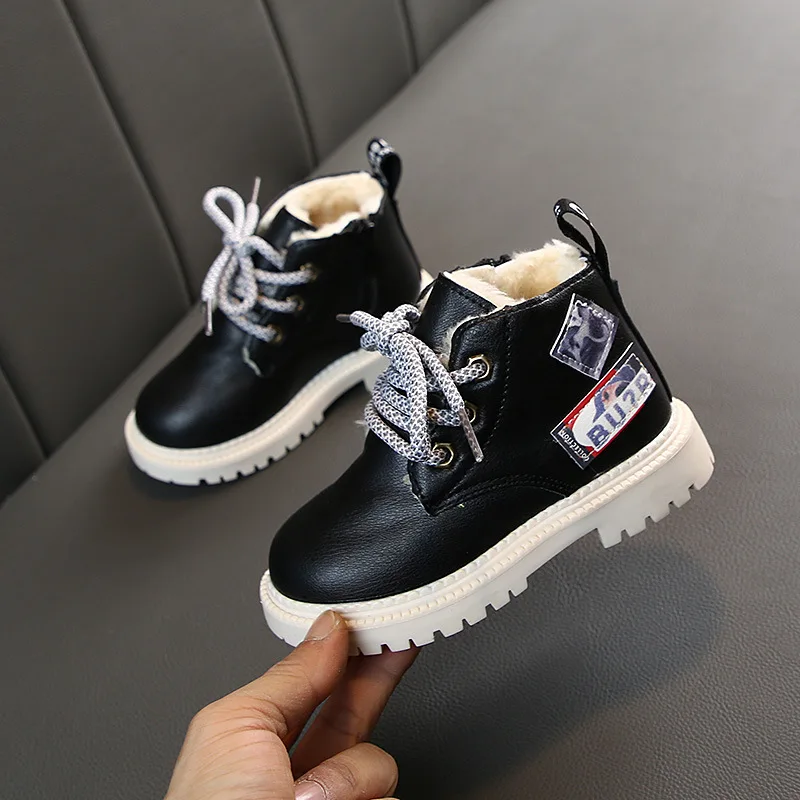 

2021 Toddler Infant shoes Autumn Winter Plush Children boots Boys Girls Martin Shoes Fashion Brand Soft Leather Warm Kids Boots