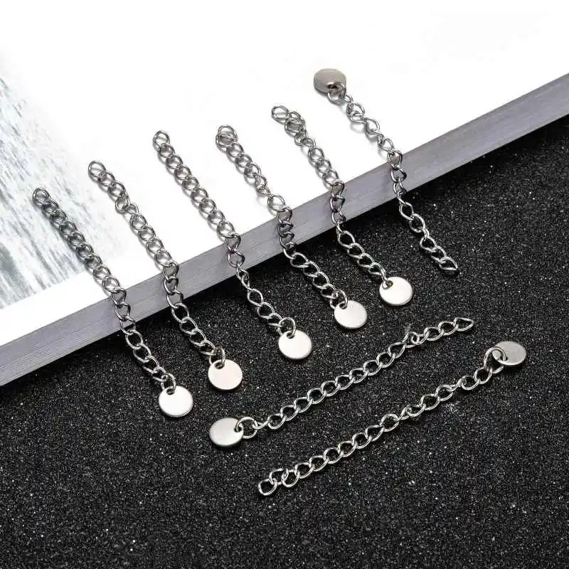 100 Strands 304 Stainless Steel Chain Extender with Flat Round Charms for Jewelry Making DIY Bracelet Necklace 56x3mm