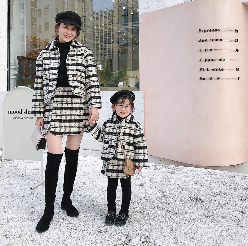 Клетчатый костюм для мамы и дочки зимнее платье ребенка свадебное принцессы