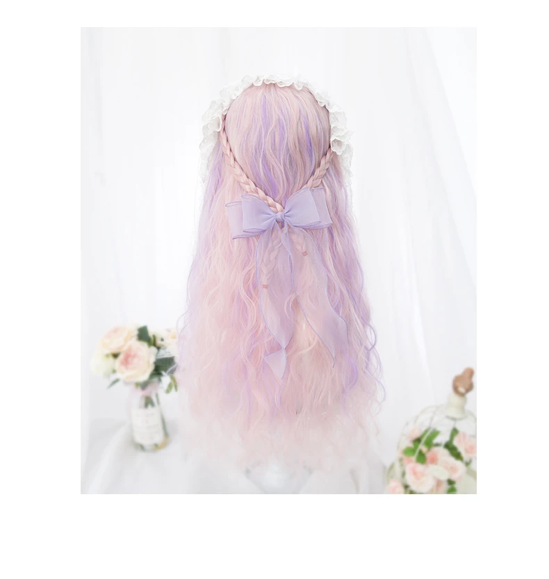 Градиент рампы розовый шампанское Лаванда вьющиеся Лолита косплей парик косичка перигвиг 60 см украшение для волос для девочки тупые челки волосы только