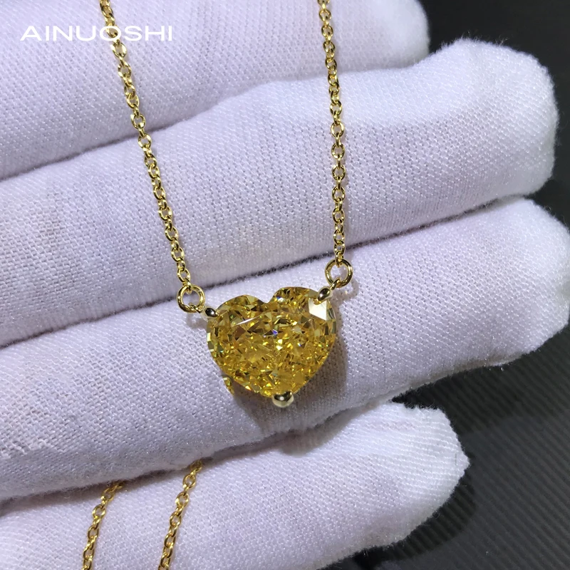 

AINUOSHI Heart-shaped 10x12mm Yellow Lad Created Diamond Classic Necklace For Women 925 Silver Jewelry Gifts