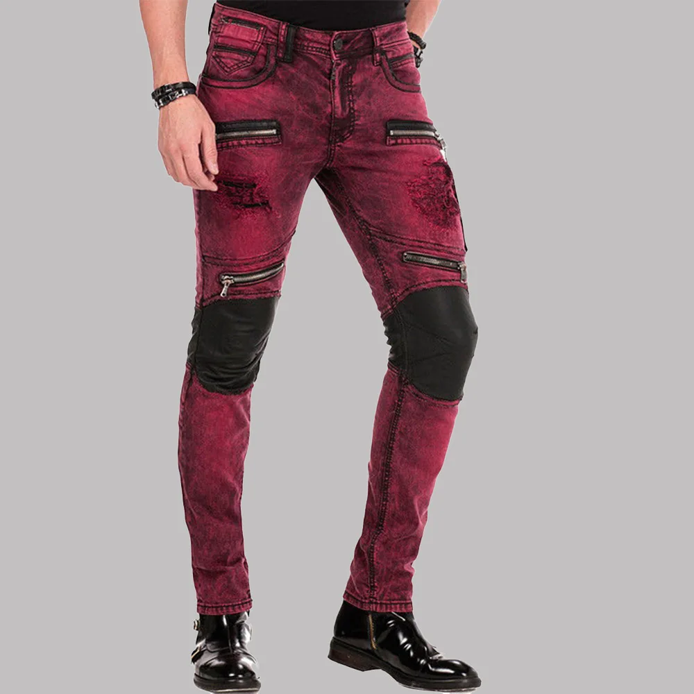 

2021 New Solid Color Splicing Folds Jeans Casual Men Western Style Straight Zipper High Waist Fashion High Street