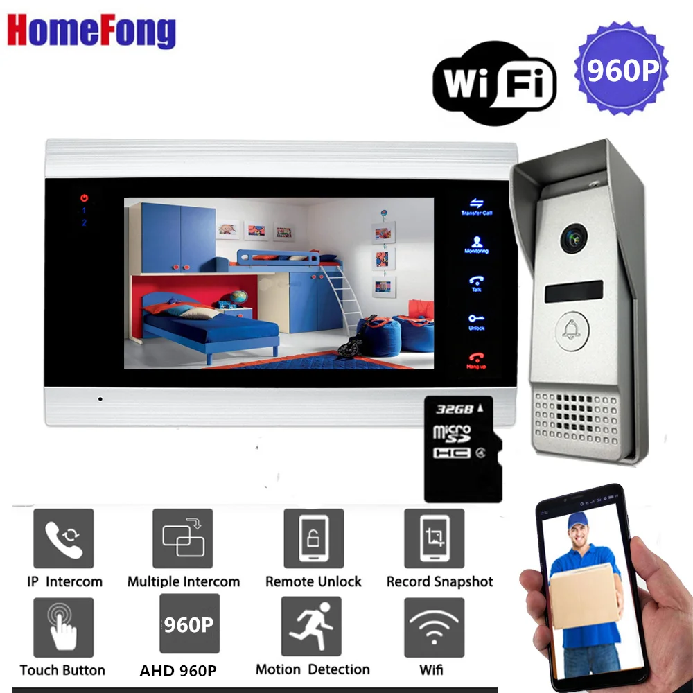 Беспроводной видеодомофон [широкий угол 960P]Homefong 7 дюймов Wi Fi с камерой
