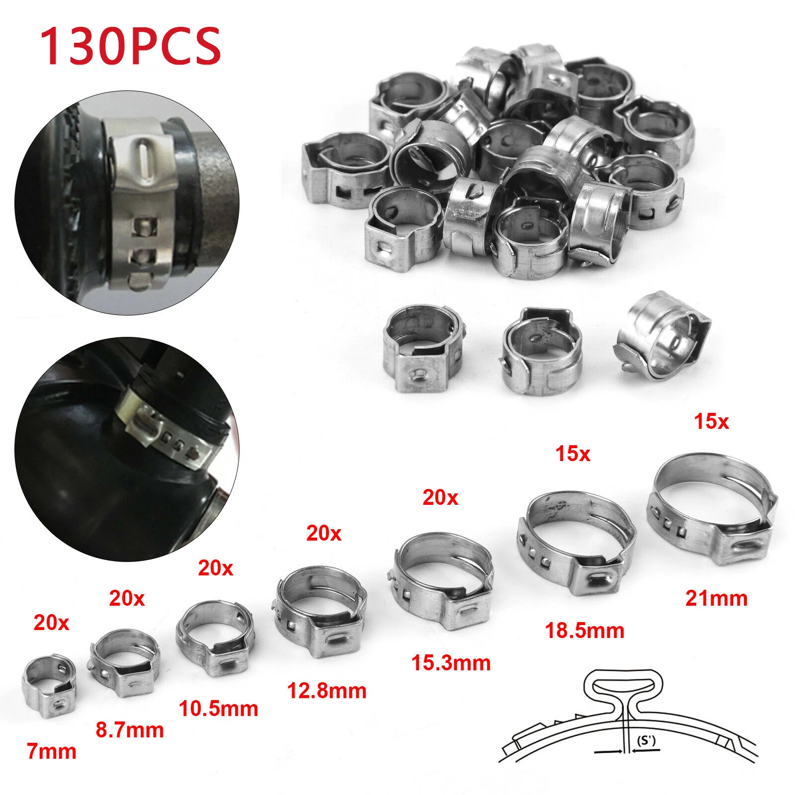 

45/80/130/140pcs Single Ear Stepless Hose Clamps 5.8-23.5mm 304 Stainless Steel Hose Clamps Cinch Clamp Rings for Sealing Kinds
