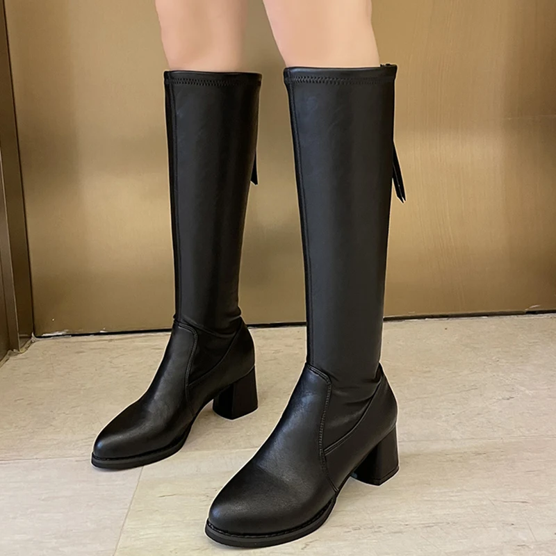 

Rimocy Women Pu Leather Thick Heel Knee High Boots Round Toe Back Zipper Long Boots Woman High Top Platform Knight Booties Mujer