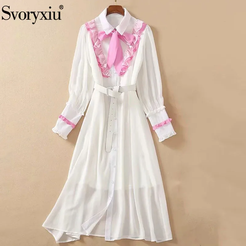 

Женское однобортное платье Svoryxiu, белое однобортное платье миди с длинными рукавами и розовыми оборками на лето 2021,