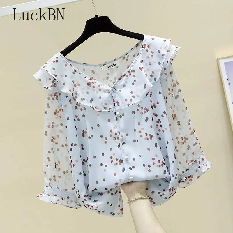 

Блузка женская шифоновая в горошек, модная Повседневная рубашка с кукольным воротником, с оборками, в стиле пэчворк, весна-лето