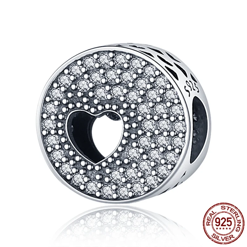

Genuine 925 Sterling Silver Zircon Circle With Heart Charm&Bead Fit Original Pandora Bracelet&Bangle Making Fashion DIY Jewelry