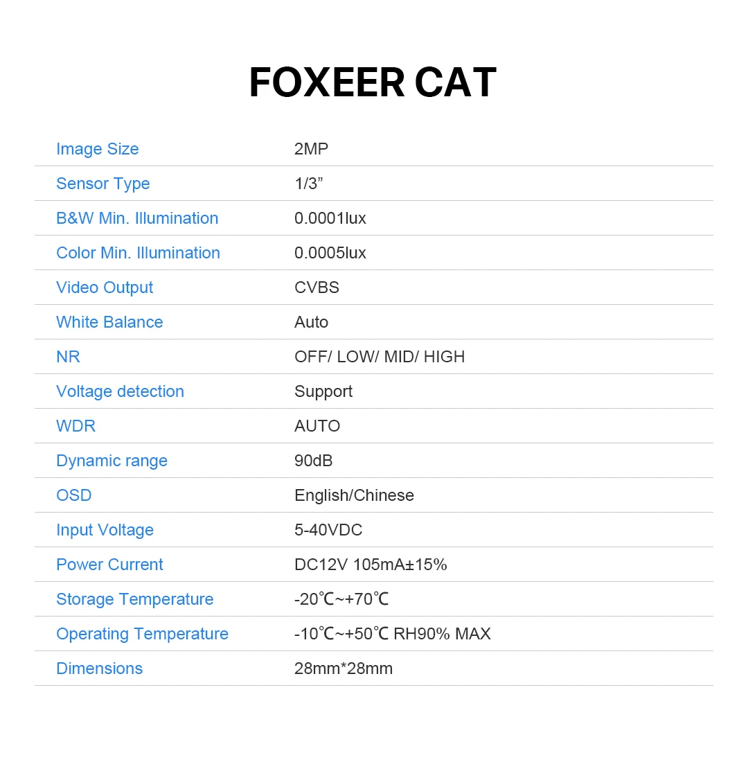 Foxeer CAT Super Starlight FPV ccarmara 0.0001lux baja latencia noche vuelo Cara FPV 16:9/4:3 PAL/NTSC conmutable soporte de 5-4