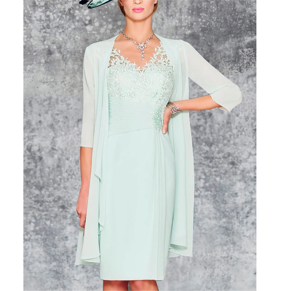

Mother of the Bride Dress with 3/4 Sleeve Jacket Knee Length V-neck Ruffles Beading vestidos de fiesta de noche For Wedding