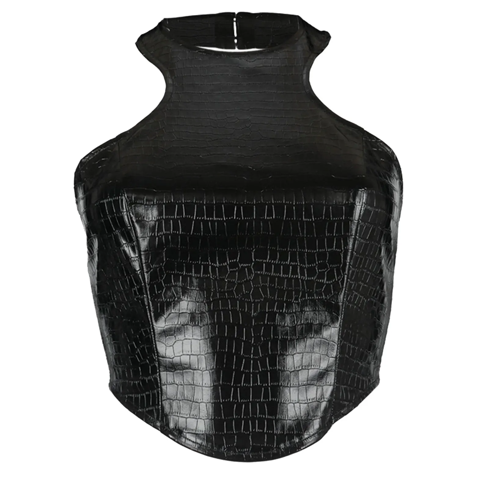 

Women Female Shiny PU Leather Crocodile Print Crop Top Halter Neck Backless Exotic Bustier Camisole Tanks Sexy Lingerie Costume
