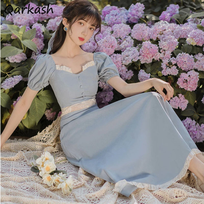 

Puff Sleeve Dress Women Empire Midi Summer Elegant Tender Square Collar Femme Design French Style Vestido Patchwork Retro New