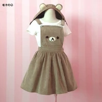 teenage girls jumpskirt kawaii rilakkuma lolita overall corduroy embroidery bear hat ball gown harajuku dress mori girl hooded