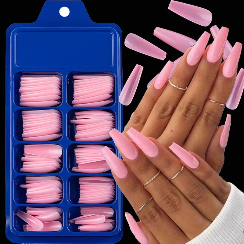 100 pieces of blister box with solid color pointed false nail stickers long ballerina candy color red blue pink  false nails