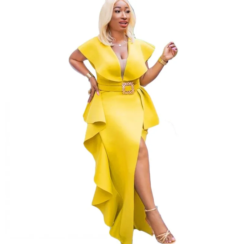 

African Maxi Dresses For Women Deep V Neck Robes With Belt Fashion Ruffle Splice Elegant Chic Sexy African Party Dress Vestidos