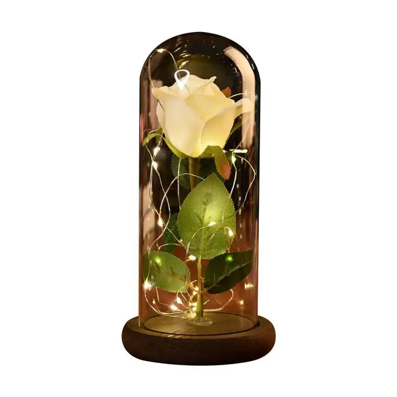 

Beauty the Beast Red Rose w/ Fallen Petals Rose Glass Cover Led Micro Landscape Artificial Flowers Glass Birthday Gift #