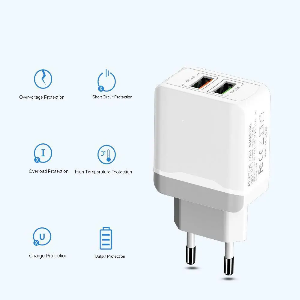 18 Вт двойное USB зарядное устройство для iPhone X 8 7 6 plus 5V2. 1A QC 3,0 USB настенное зарядное устройство для samsung huawei Xiaomi дорожное USB быстрое зарядное устройство