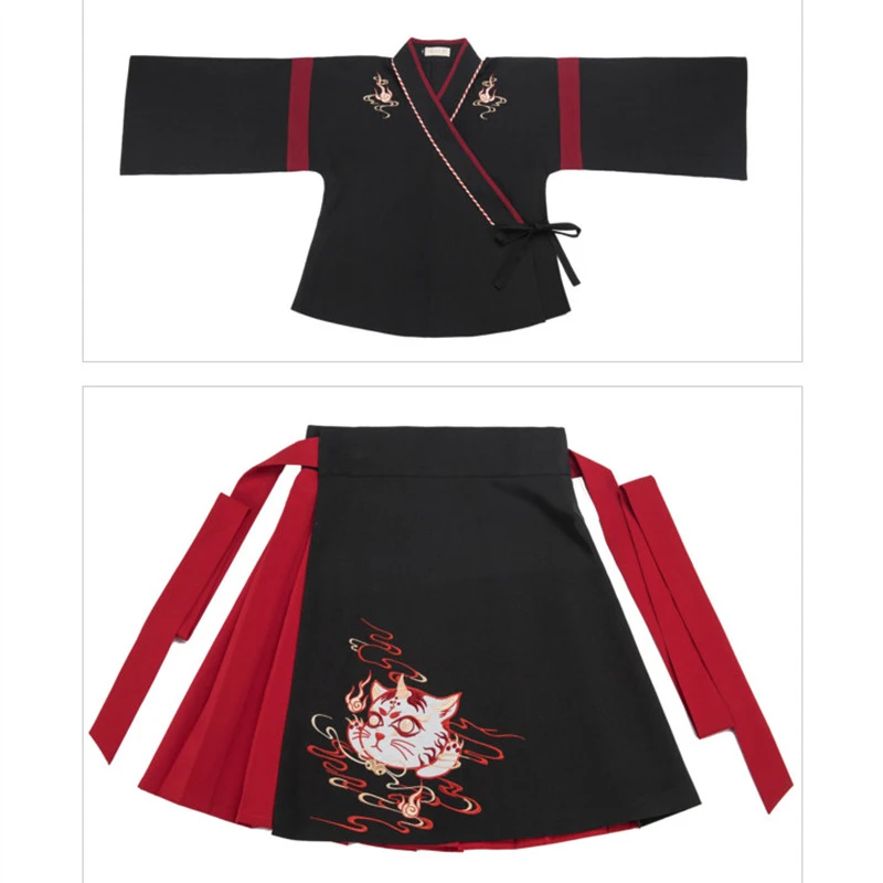 Woman Japanese Dress Kimono Sweet Cat Embroidery Yukata Haori Cosplay Skirt Tops Set Full Sleeve Ancient Oriental Clothing | Тематическая