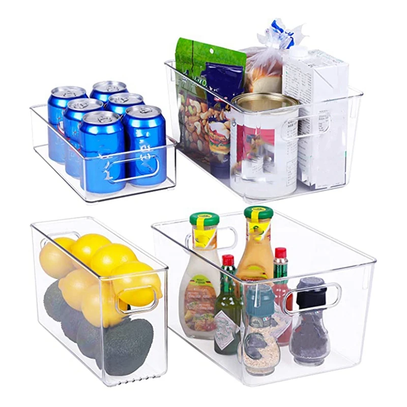 

Plastic Refrigerator Organizer Bins - 4 Piece Fridge Organizers and Storage Clear Bin with Handle for Kitchen Pantry