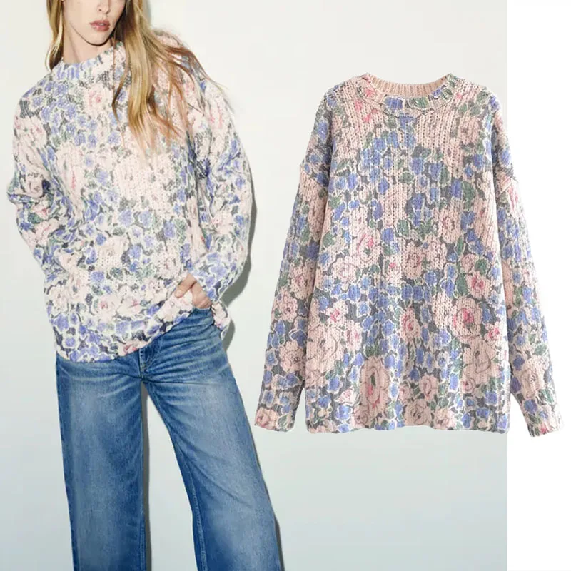 

Женский свитер с круглым вырезом Za, Свободный вязаный джемпер с длинным рукавом и цветочным принтом, мягкие теплые винтажные свитера, зима ...