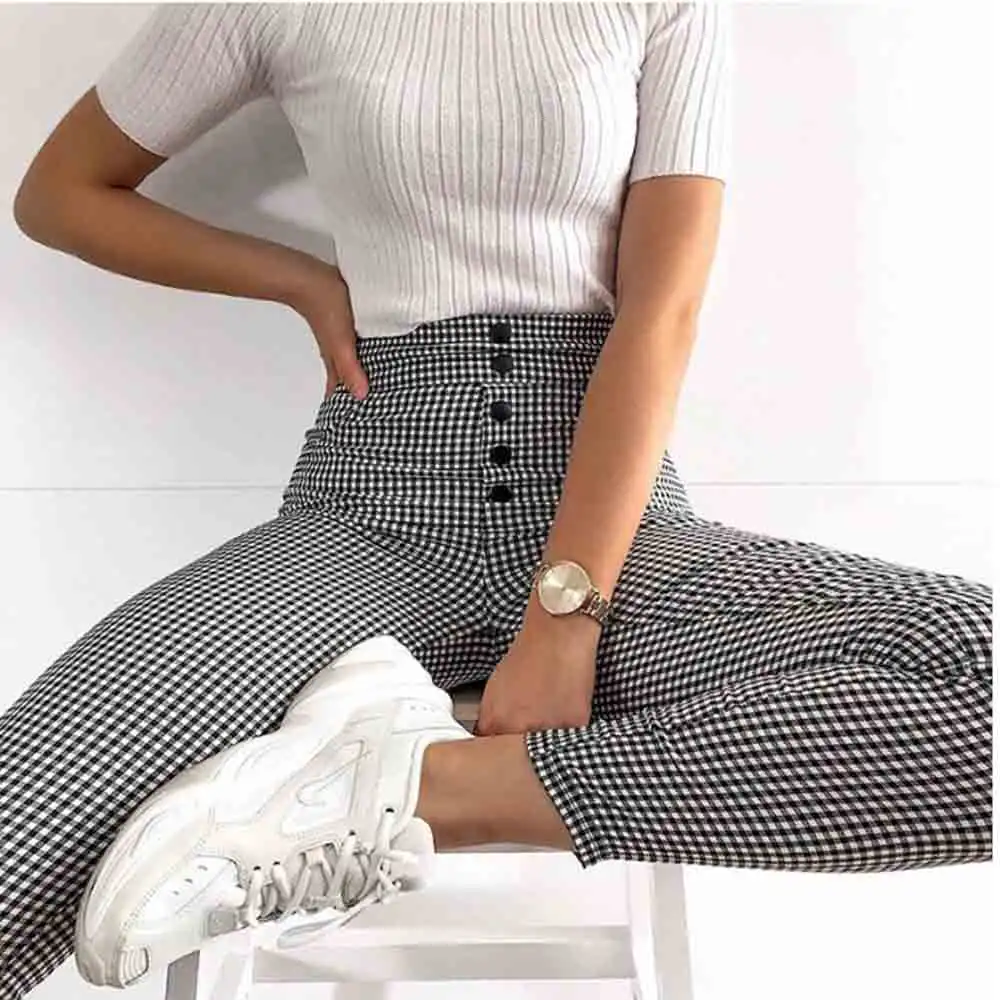 

Women Vintage Button High Waist Black and White Plaid Leggings Autumn New Slim Fashion Streetwear Straight Pencil Pant