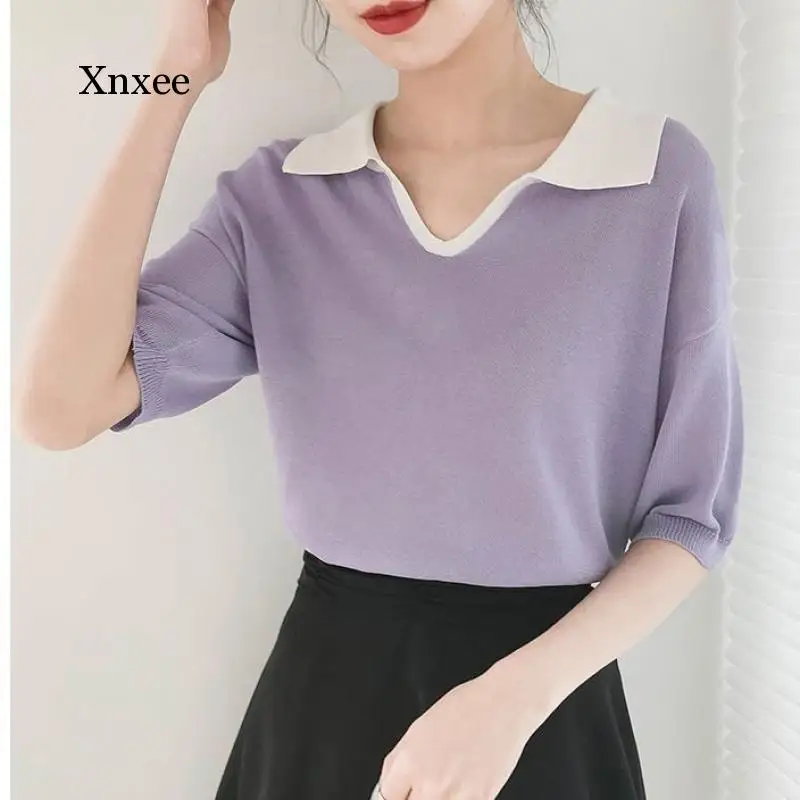 

Милые летние корейские трикотажные топы с цветными блоками, женские футболки с коротким рукавом и V-образным вырезом, повседневные модные о...