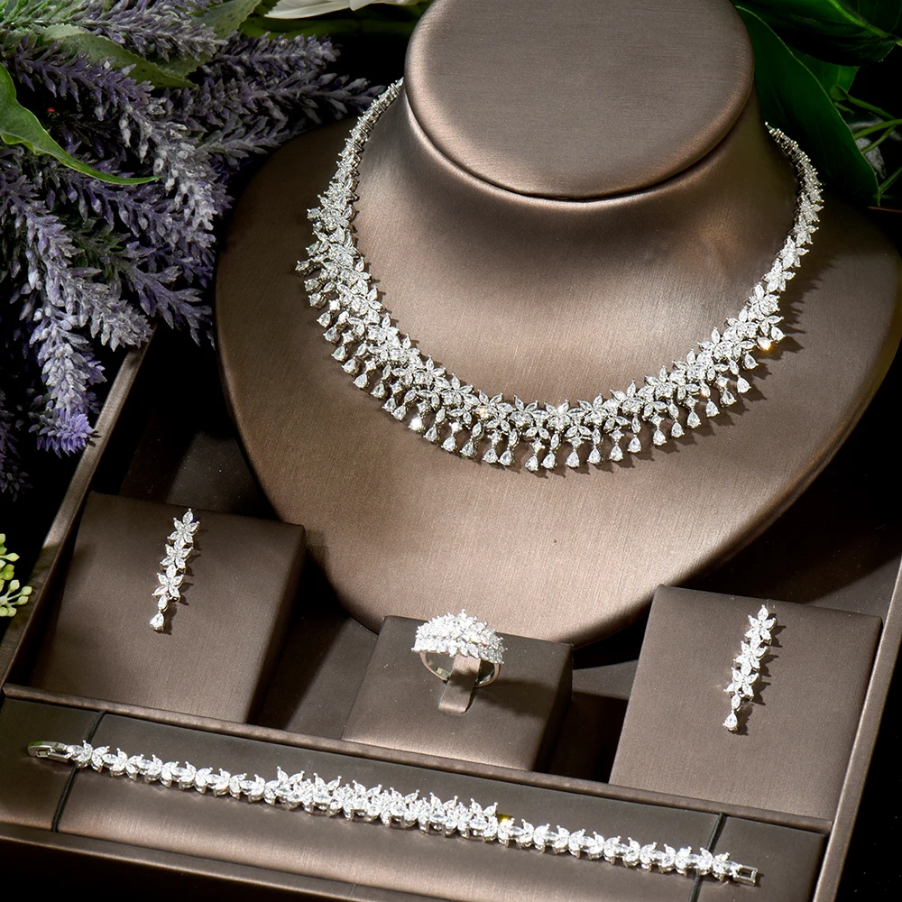HIBRIDE Tassel Bride Necklace Drop Earring Dubai Full Wedding Jewelry Set for Bridal Wedding Zirconia Set parure bijoux N-1825