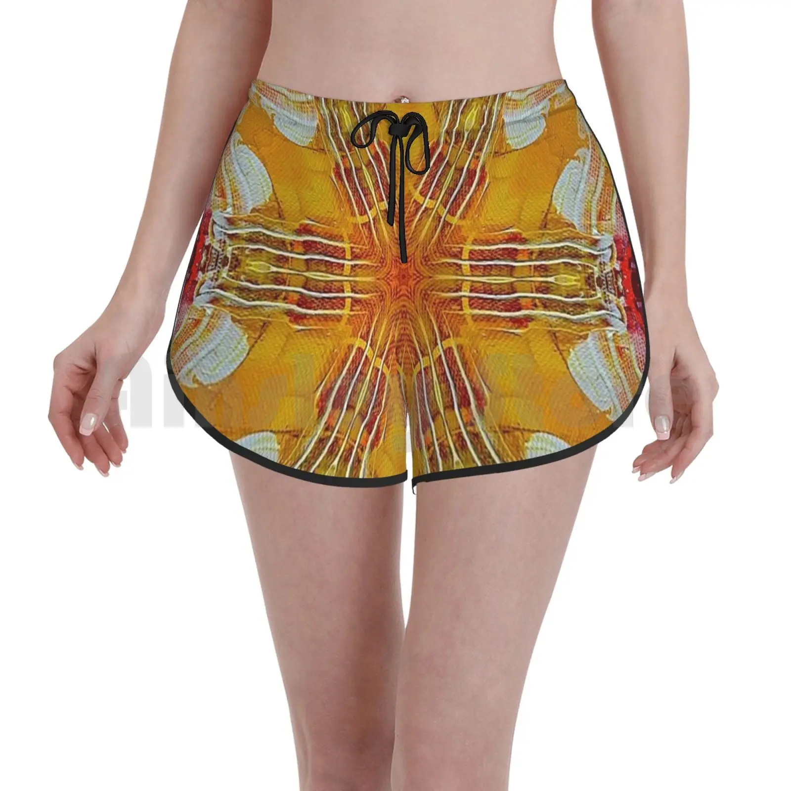

Fiery Sunburst Kaleidoscope Swim Shorts Women Beach Shorts Kaleidoscope Cartoon Fiery Sunburst Bright Cheerful Cool