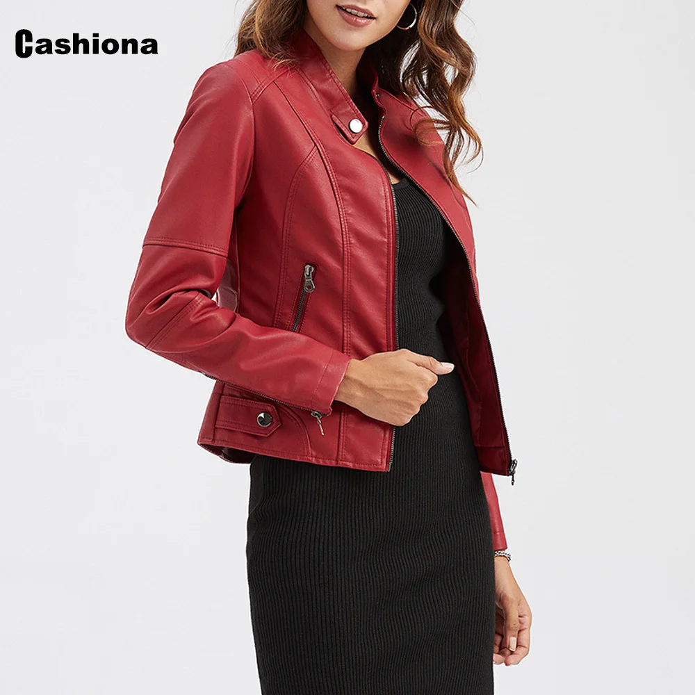 Trendy 2021 Faux Pu Leather Jackets Women Spring Autumn Outerwear Pocket Zipper Coat Slim Fitted Jacket Red Black Femme Clothing enlarge