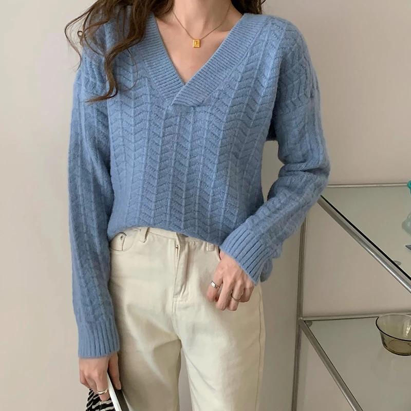 

Anglo-American yuan han edition v-neck film hemp pattern knitted sweater coat female pure color joker