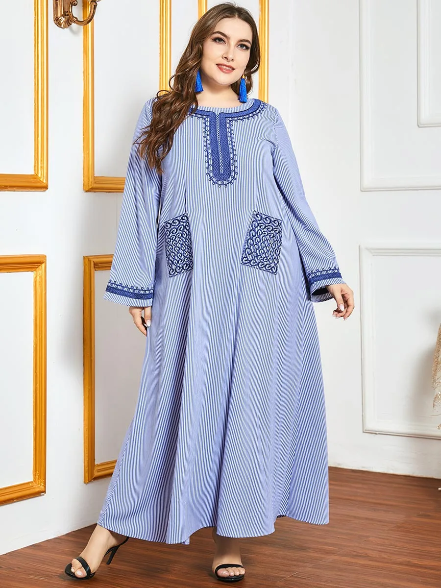 

Elegant Ethnic Embroidery Striped Dress for Women Blue Plus Size O Neck Long Sleeve Arabic Muslim Clothes Fall 2020 New