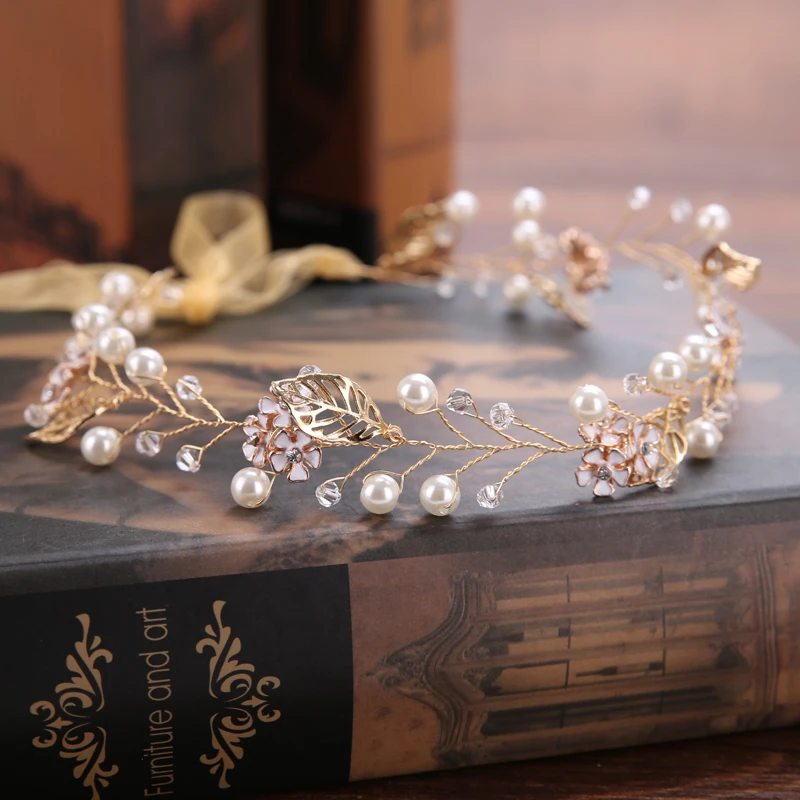 Trendy Gold Flower Pearl Hair Vine Bridal Headband Wedding Jewelry Headpiece Accessories Handmade | Украшения и аксессуары