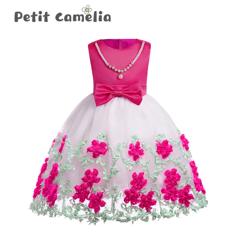 Платье для девочек летнее Сетчатое газовое платье с вышивкой и бантом без