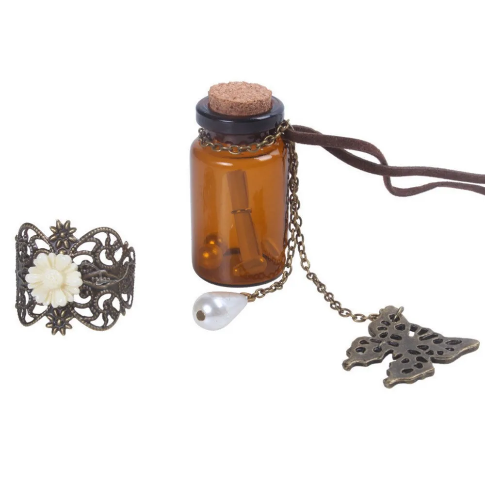 

Retro Cork Wishing Bottle Sweater Chain Carved Long Leather Cord Necklaces Pendants Vintage Butterfly Flower Pendant Necklace