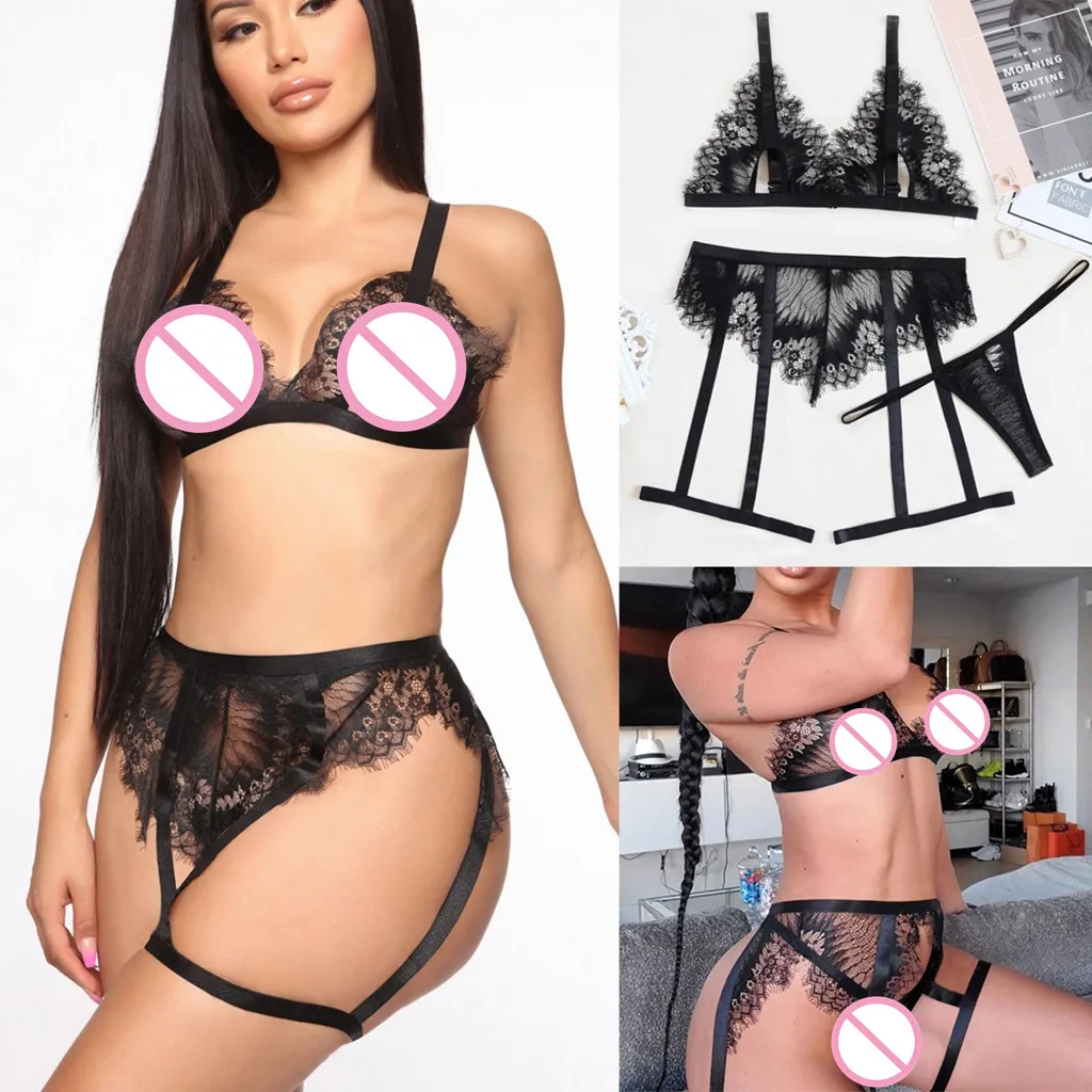 

3 шт., комплект стгалт, сексуальный бюстгальтер, женское кружевное нижнее белье, бюстгальтер, полый комплект одежды для сна, Эротическая комб...