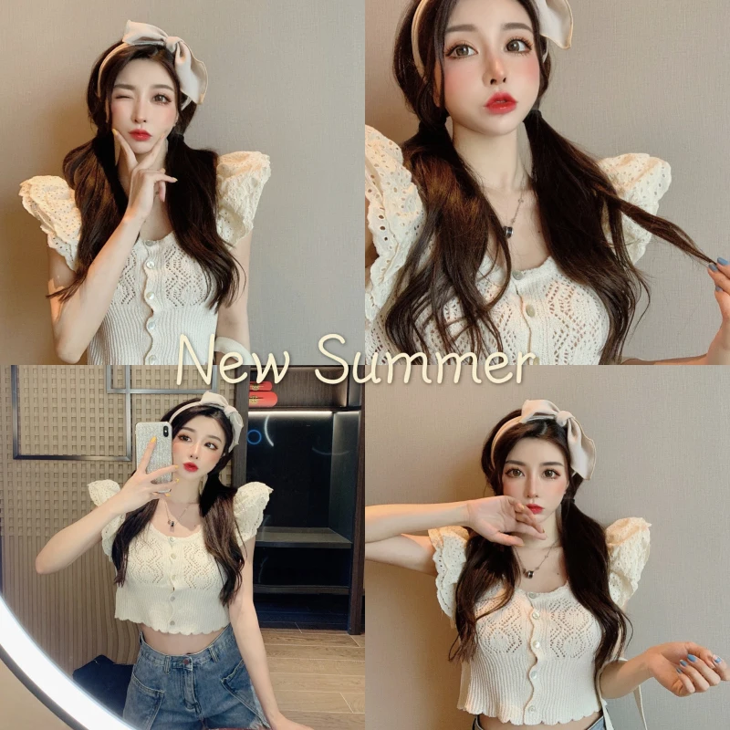 

Knitted T Shirts Slim Crop Top Hollow Out Summer Japan Style Korean Clothes Ladies Tops Fashion Brand Woman Tees Sweet New