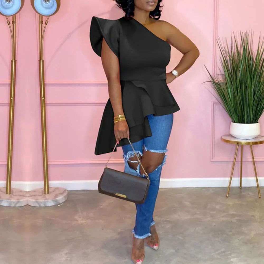 Розовая красная блузка с оборками для женщин модная сексуальная на одно плечо