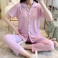 2021 new classic plaid pajamas set summer women nightwear short sleeve korea minimalist loose sleepwear homewear suit