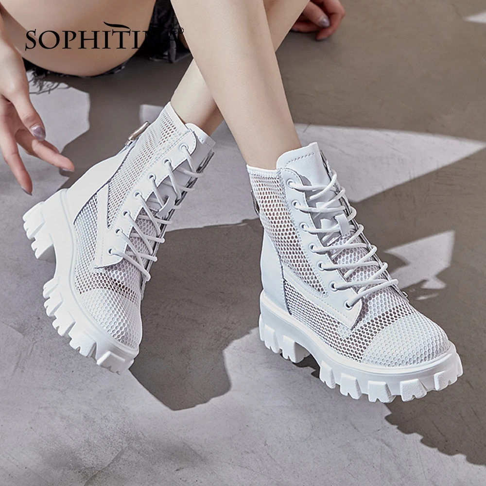 

Женские ботильоны на платформе SOPHITINA, летние сетчатые дышащие ботинки из натуральной кожи, с перекрестной шнуровкой, FO716