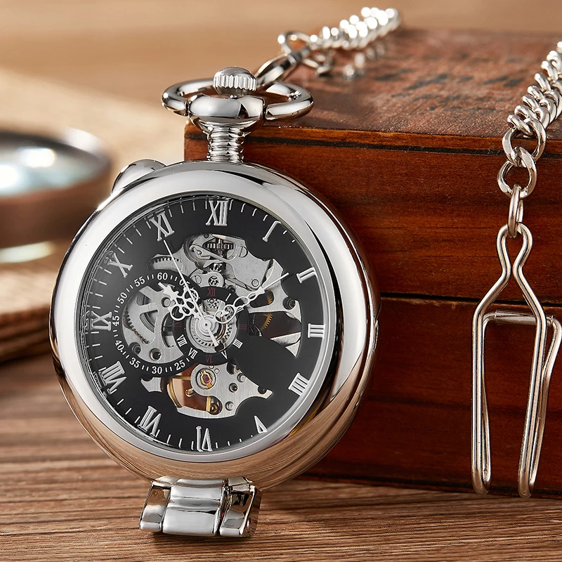 Luxury Mechanical Movement Pocket Watch Magnifying Glass Stylish Hollow Dial Roman Numeral Dial with FOB Chain Foldable Case New