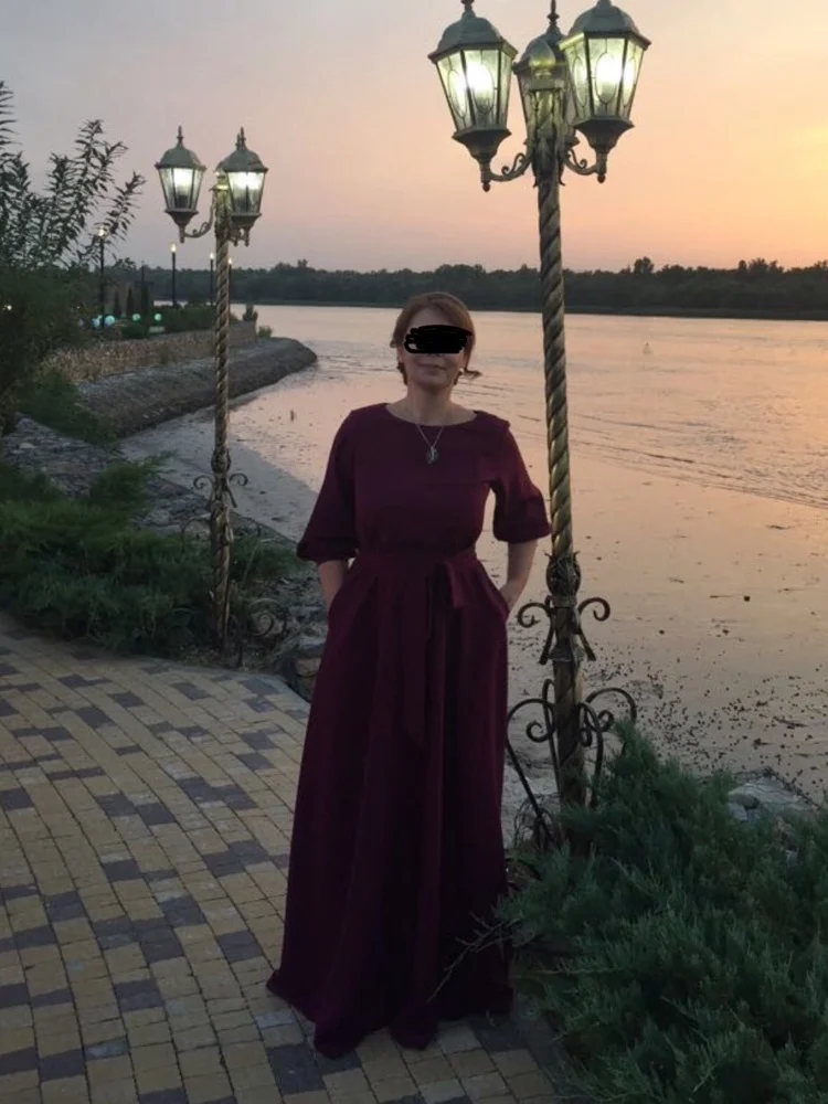 Винтаж галстуком-бабочкой макси Длинные вечерние платья женские Фонари с длинными рукавами круглым вырезом элегантное платье осеннее Повседневное платье с длинным рукавом