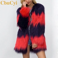 cbucyi winter coats women long faux fur coat v neck casual female patchwork fur jackets overcoats plus size s 3xl 2 colors
