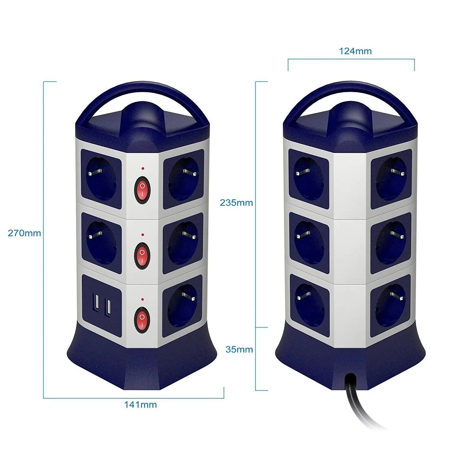 Блок питания Tower, USB розетки 7/11, AC, EU Розетка с USB 2 портами, индивидуально переключаемый выдвижной удлинитель 1,8 м/6 футов
